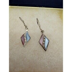 Sterling Silver Mother of Pearl Dangle Earrings Diamond Shape Drop 925